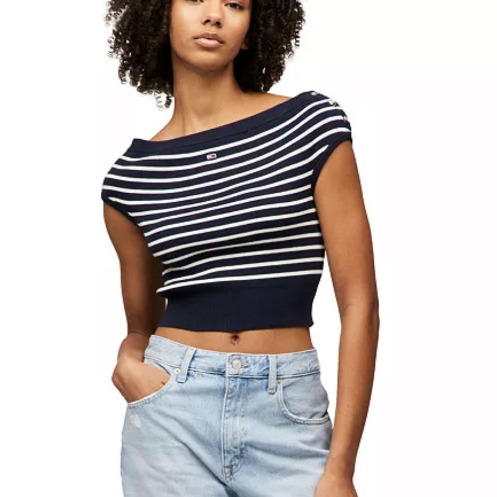 Tommy Jeans Women's Off-The-Shoulder Striped Cotton Sweater Navy, White Size L